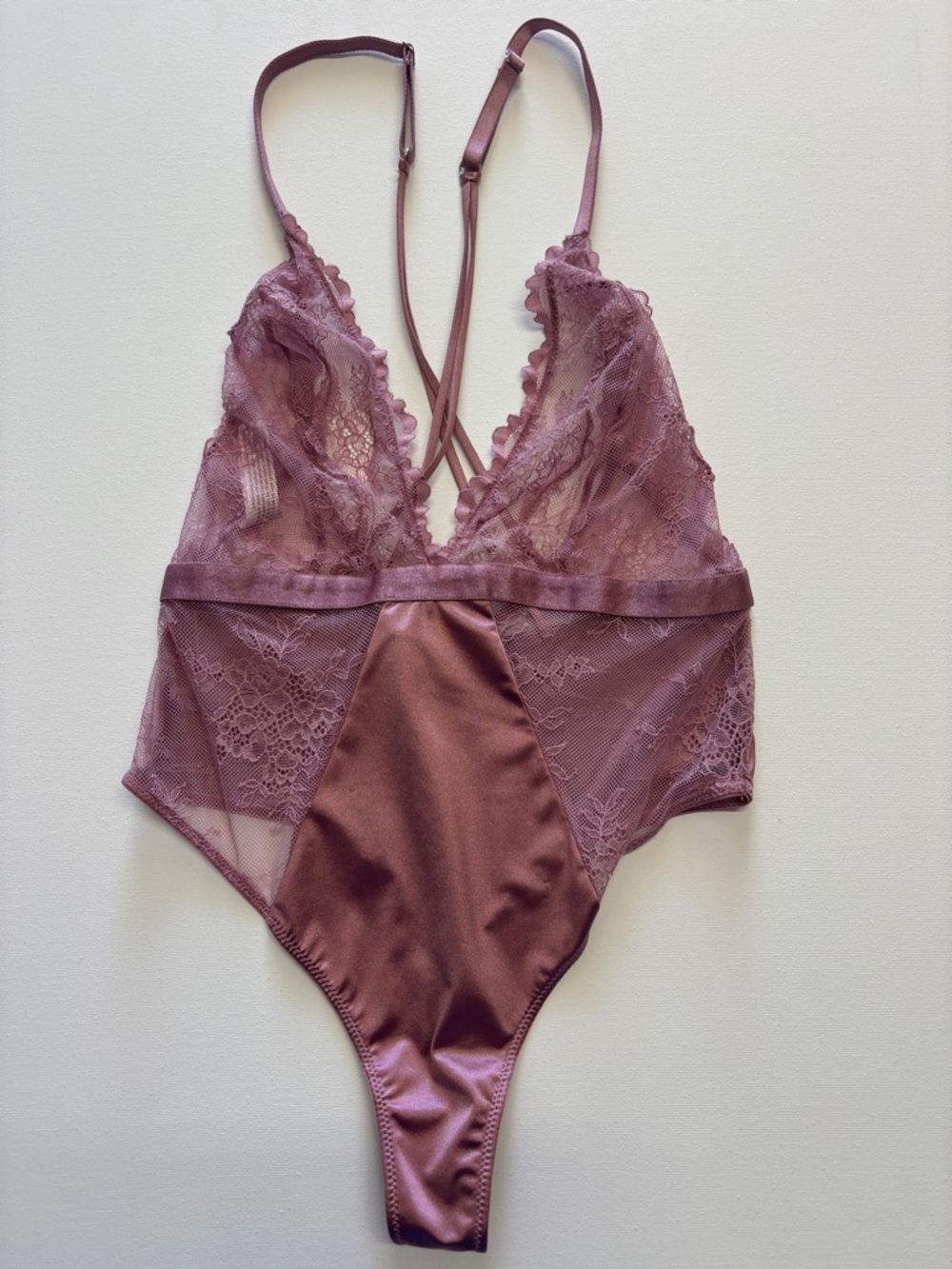 Auden Lace & Satin Plunge Bodysuit in Mauve